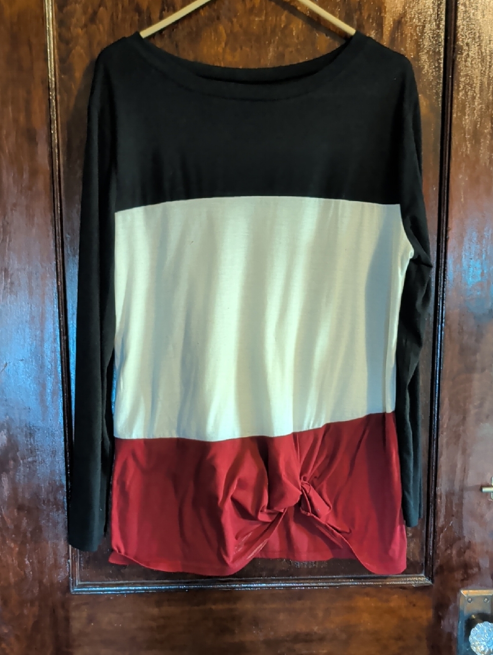 Amazon Colorblock Knot-Front Long Sleeve Top - Black, White & Red